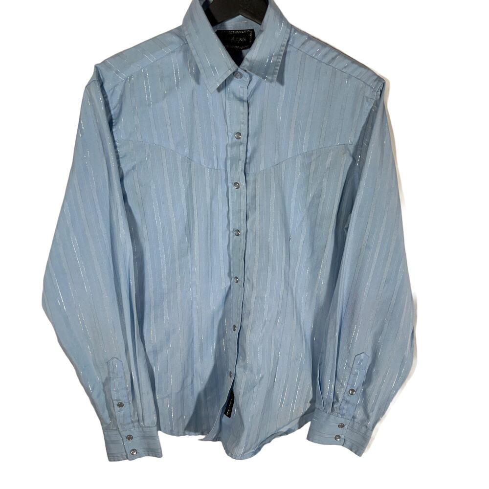 1980s Saxifon Western Shirt Blue Silver Gold Pearl Snap Womens Large Vintage